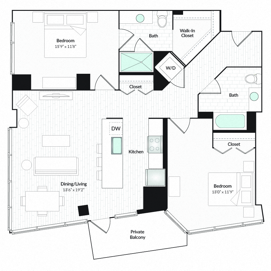 Floor plan for 2 beds, 2 baths, 1232 sqft